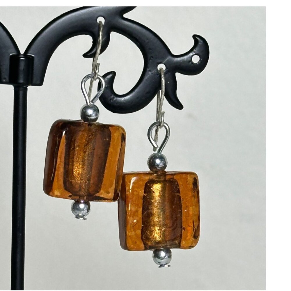 Handmade Lampwork Glass Dangle Earrings Amber Copper Shimmer